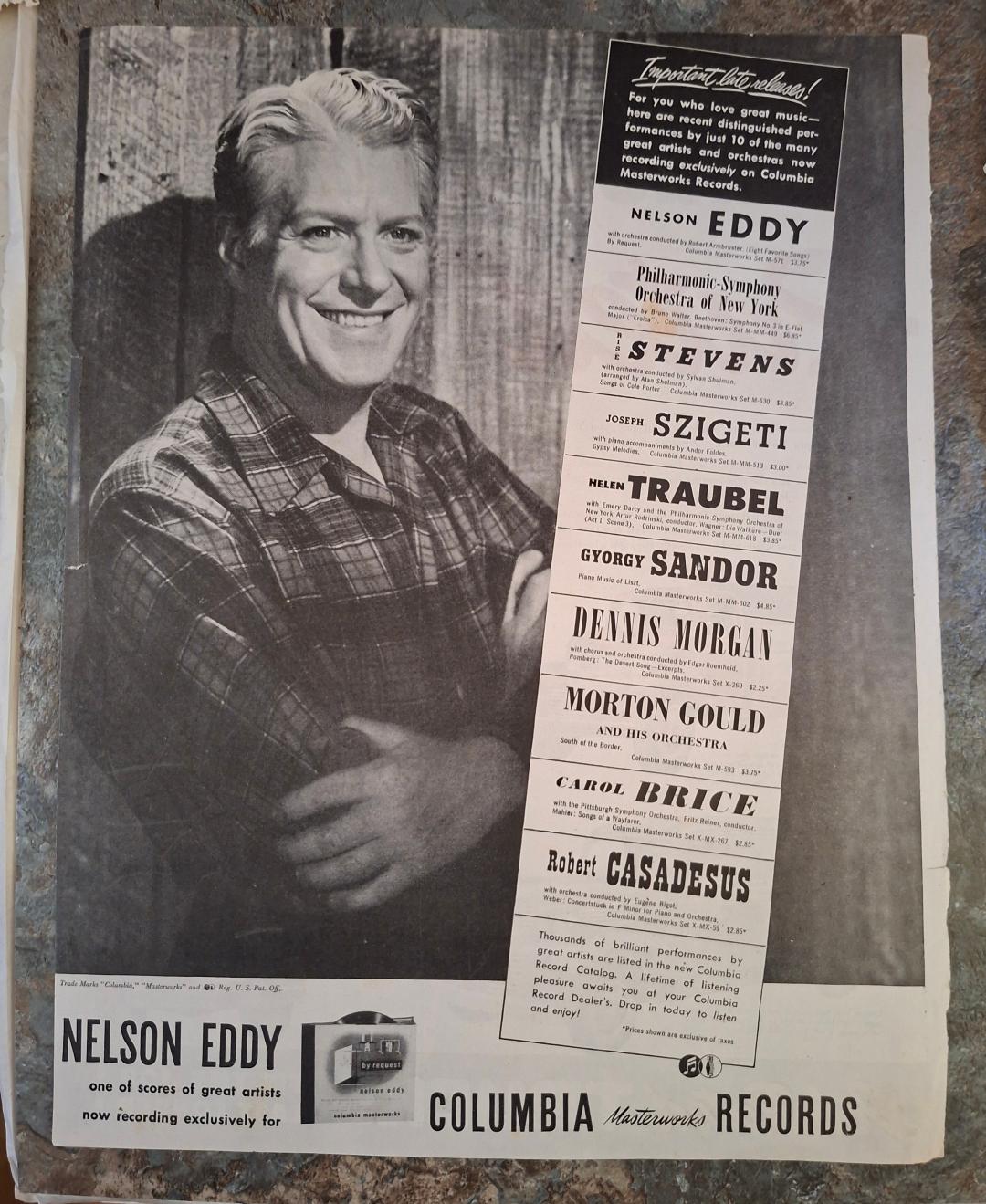 Vintage 1946 Nelson Eddy Columbia Records Advertisement