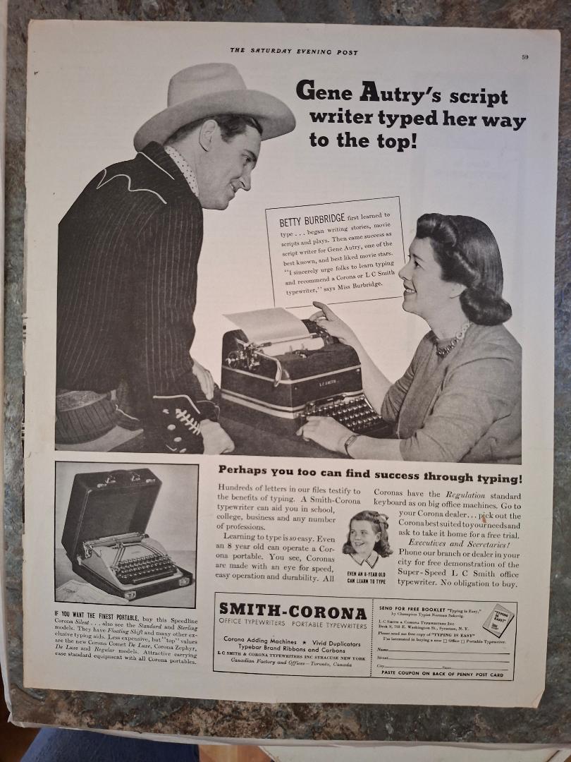 Vintage 1941 Smith-Corona Advertisement Featuring Gene Autry
