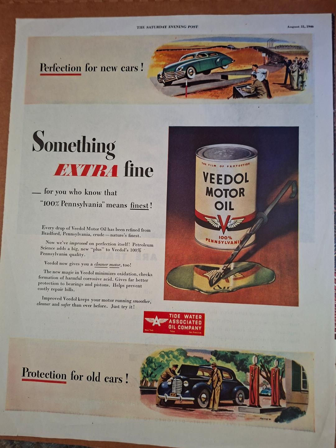 Vintage 1946 Veedol Motor Oil Advertisement